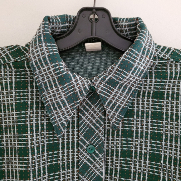 70s Vintage Forest Green Plaid Dagger Collar Top - Picture 4 of 8